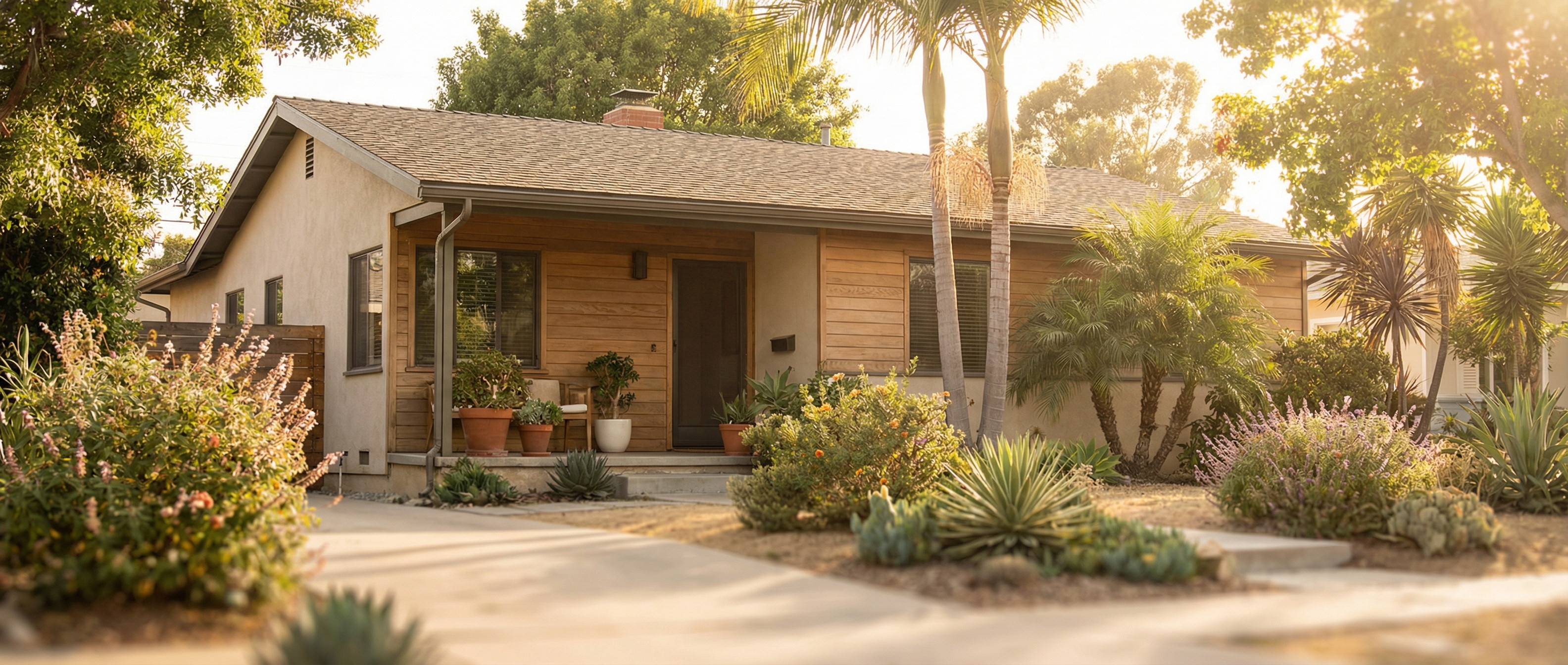 Beautiful San Diego home with palm trees and landscaping